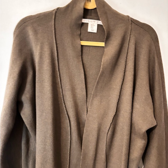 Max Studio Olive Green Open Knit Cardigan Sweater Size  XL Pockets Exposed Seam - Picture 3 of 12